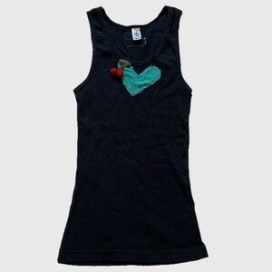 American Apparel Classic Girl Heart & Cherry Embellished Graphic Black Tank Top